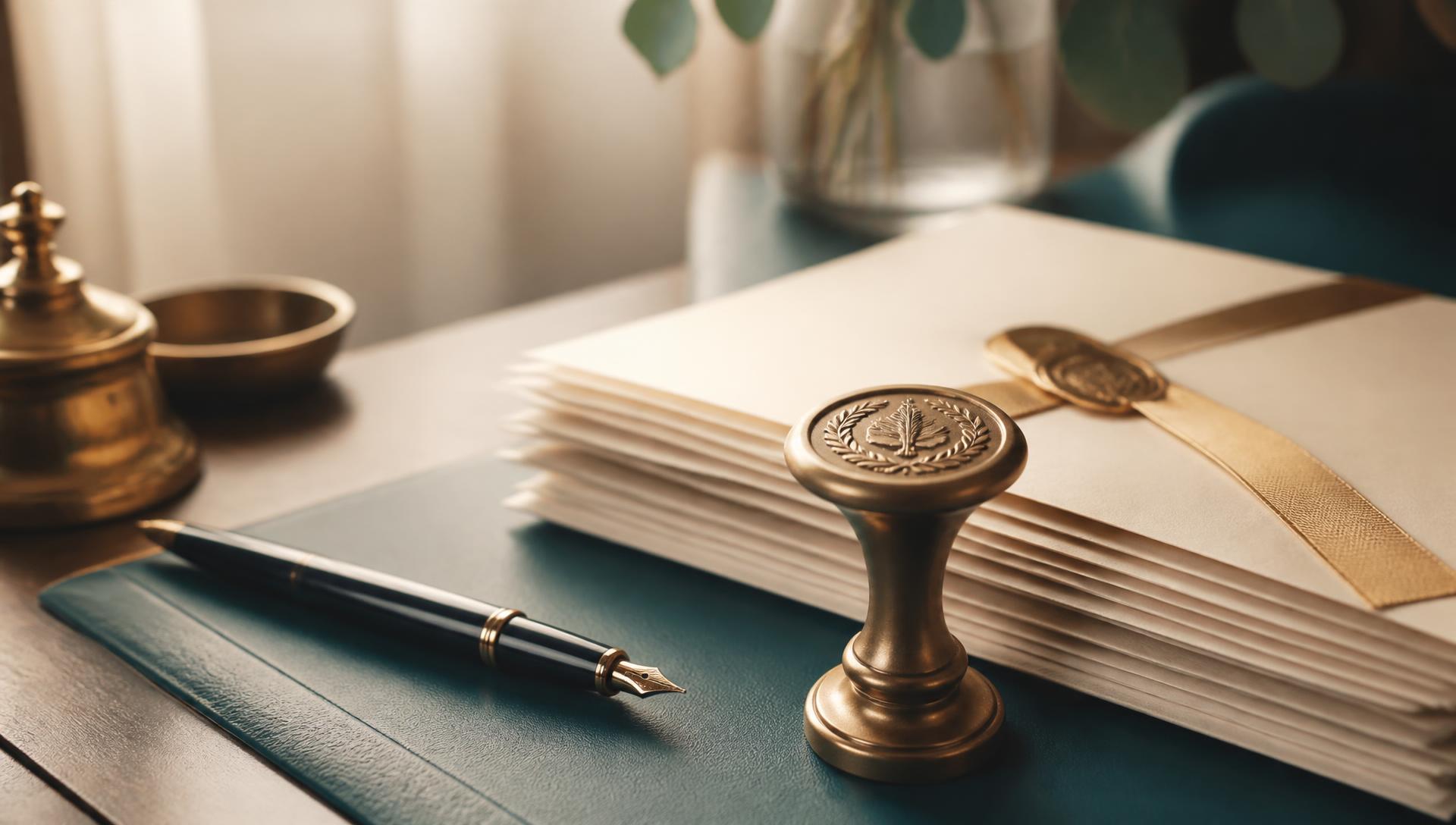 Notary seal, fountain pen and sealed legal documents on a desk